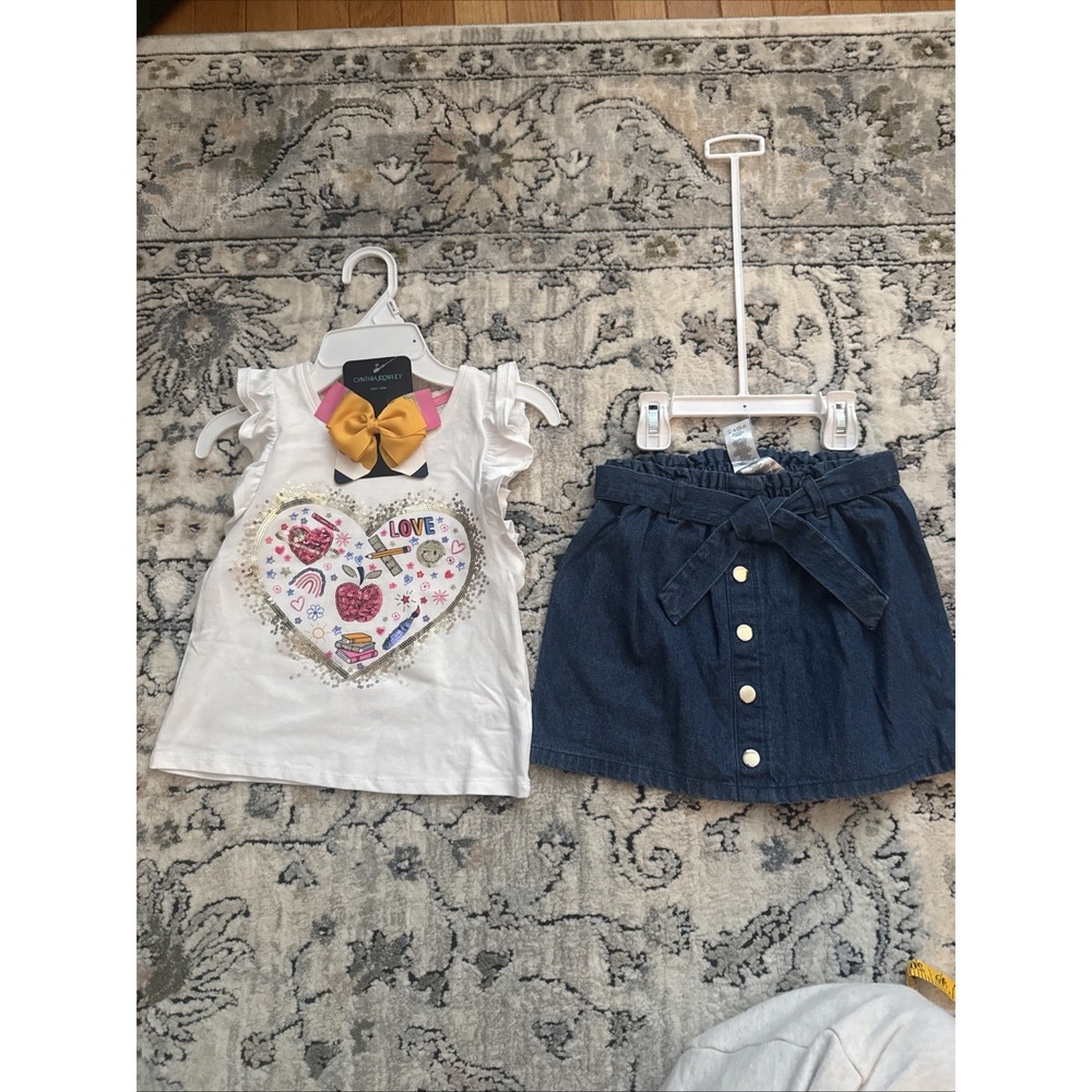 Cynthia Rowley Girls Outfit Top Denim Skirt School Theme SIZE S/5-6 NEW - BOW!